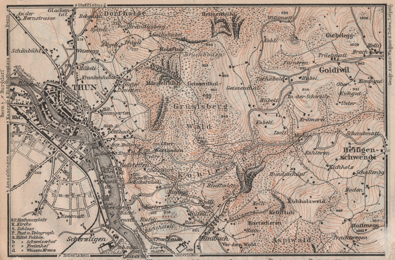 THUN ENVIRONS. Goldiwyl. Switzerland Suisse Schweiz carte karte 1913 map